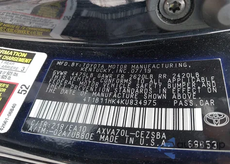 2019 Toyota Camry Se z USA, uszkodzony, nr VIN 4T1B11HK4KU834975